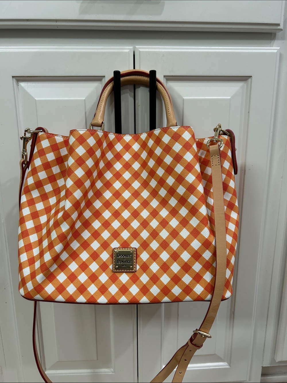 Dooney & Bourke Orange Cream Gingham Tote with Removable Strap
